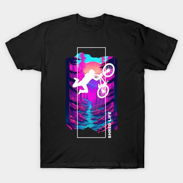 Shred Life: Neon Sunrise - Mountain Biking - AI Art T-Shirt by JenJoy Designs